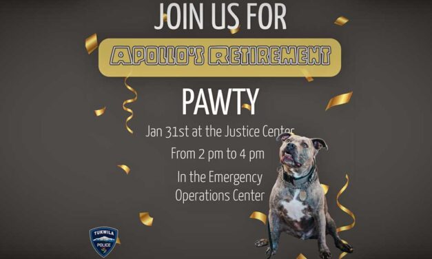 ‘Pawty’ for retiring K9 Apollo will be Wednesday, Jan. 31 at Tukwila Justice Center