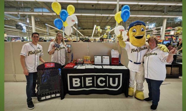 DubSea Fish Sticks Mascot Fin Crispy Jr. will be at BECU in Burien this Friday, April 19