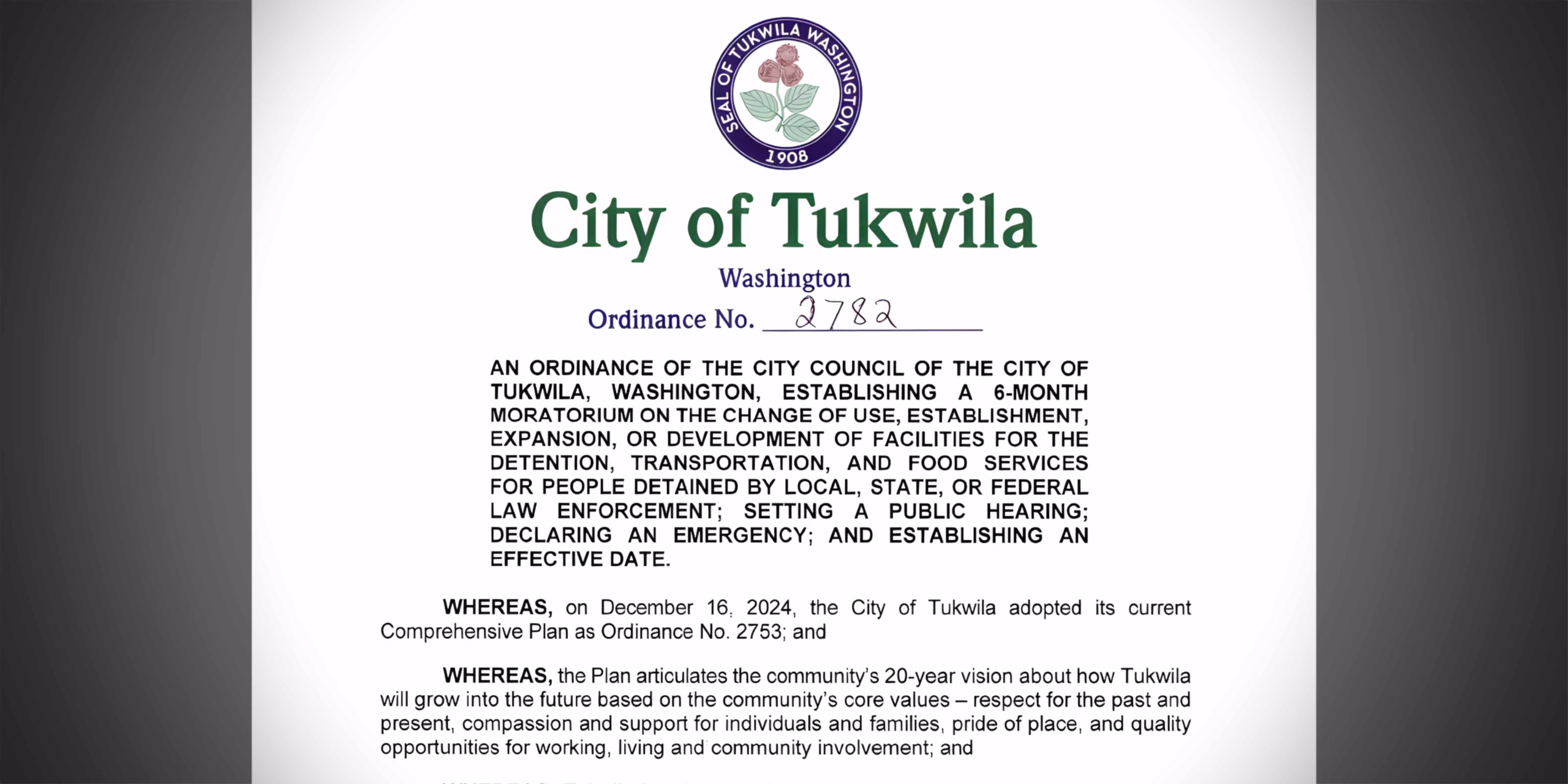 Tukwila City Council adopts emergency six month moratorium on new detention facilities