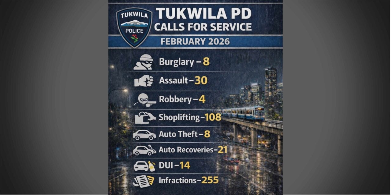 Tukwila Police February crime data shows fewer stolen cars but more DUIs vs 2025