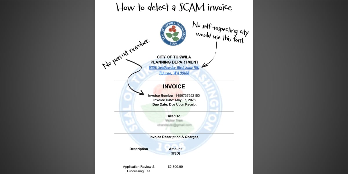 SCAM ALERT: City of Tukwila warns residents about fake permit invoice email scam